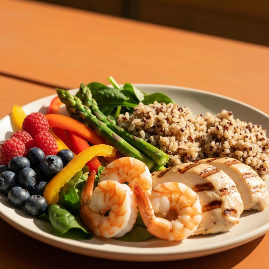 Balanced healthy meal with vegetables, proteins and grains